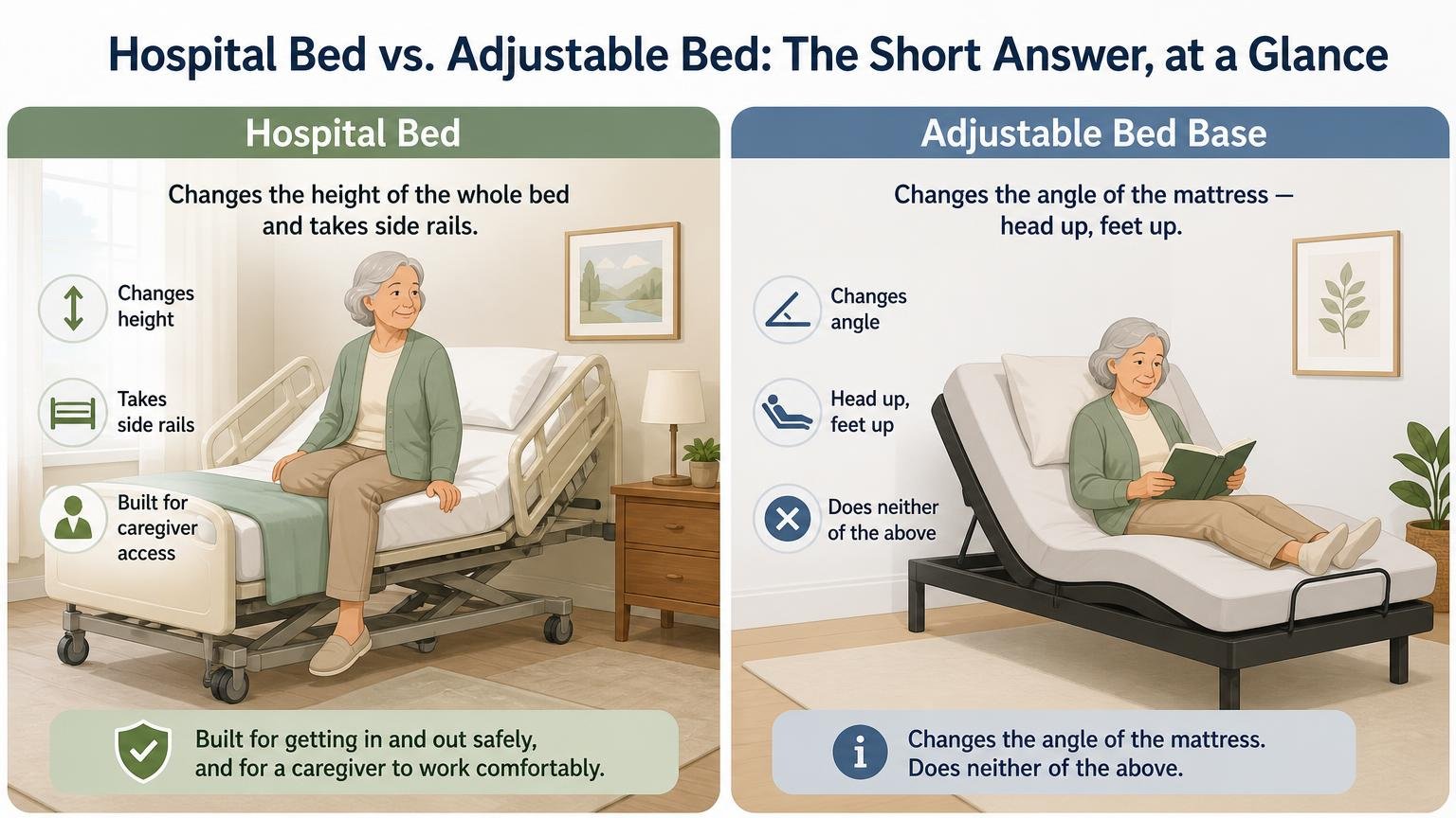 Illustration for Hospital Bed vs. Adjustable Bed: Which One Actually Solves the Problem: The short answer, at a glance