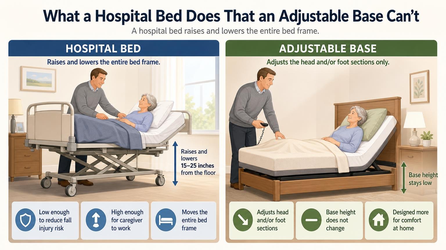 Illustration for Hospital Bed vs. Adjustable Bed: Which One Actually Solves the Problem: What a hospital bed does that an adjustable base can’t