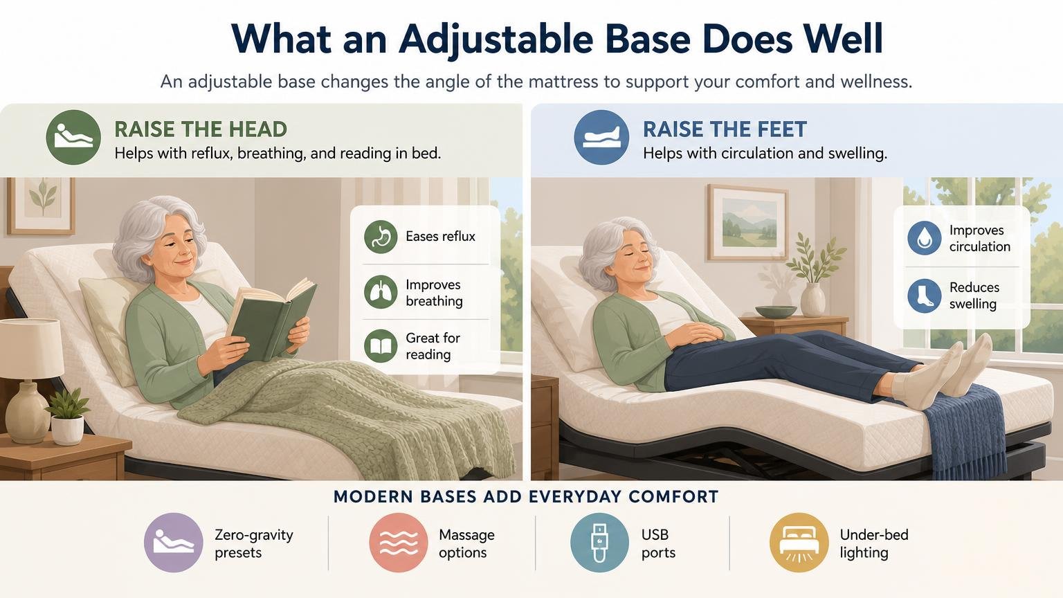 Illustration for Hospital Bed vs. Adjustable Bed: Which One Actually Solves the Problem: What an adjustable base does well