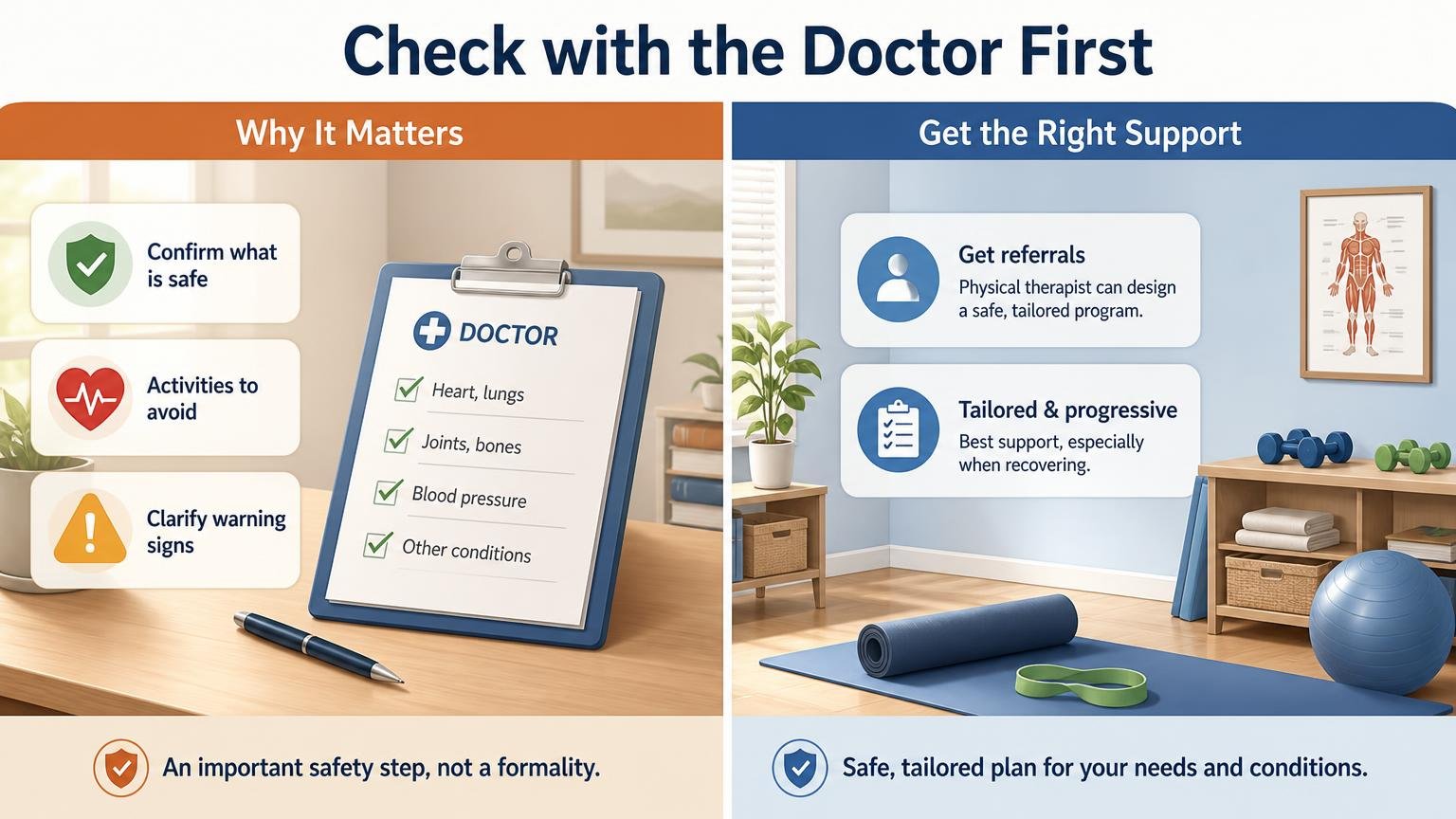 Illustration for How Caregivers Can Help Seniors Exercise Safely: Check with the doctor first