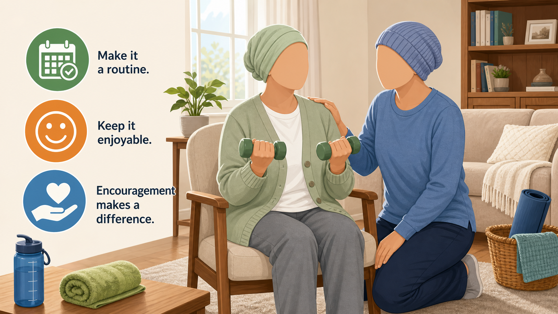 Illustration for How Caregivers Can Help Seniors Exercise Safely: Making it achievable and enjoyable