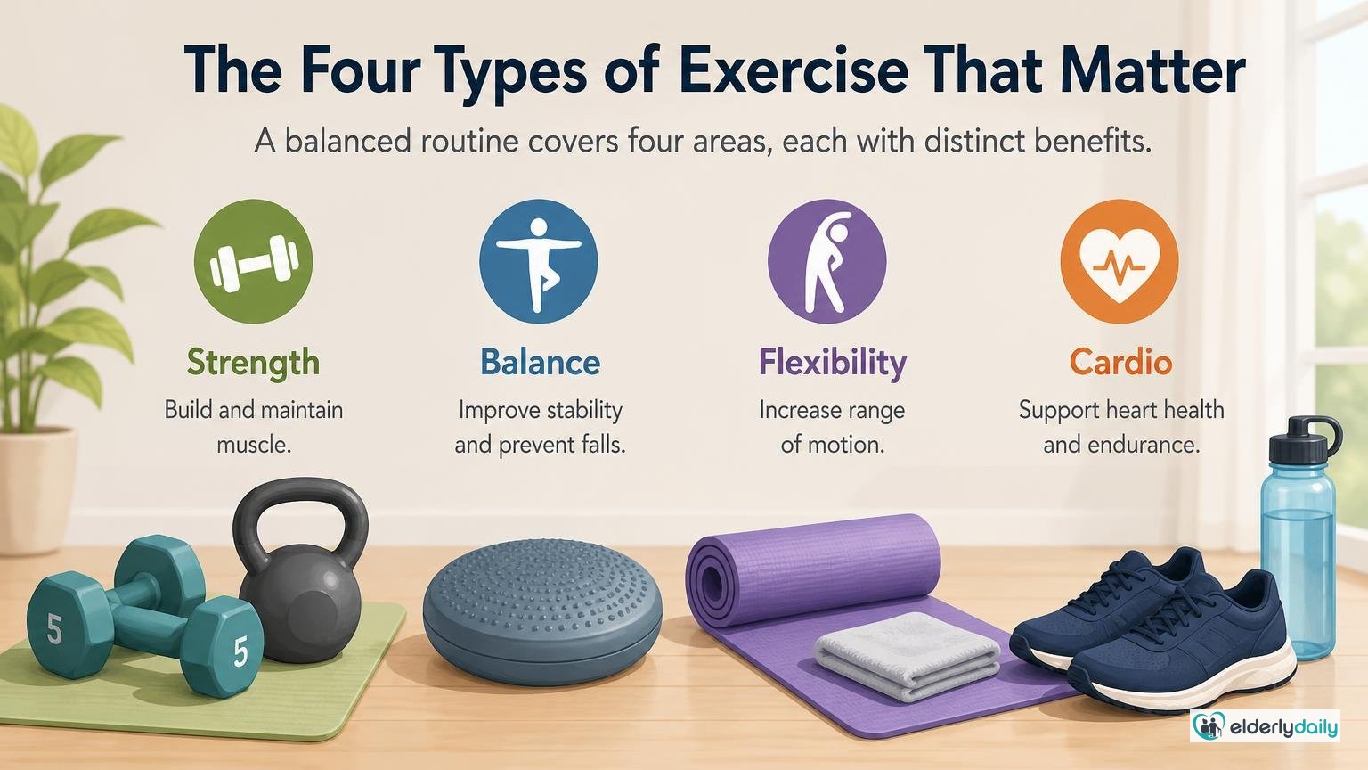 Illustration for How Caregivers Can Help Seniors Exercise Safely: The four types of exercise that matter
