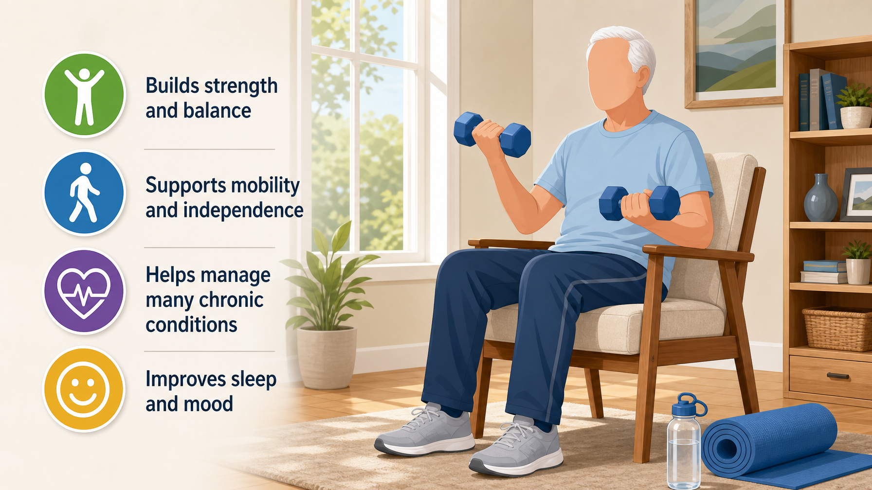Illustration for How Caregivers Can Help Seniors Exercise Safely: Why exercise matters so much for seniors