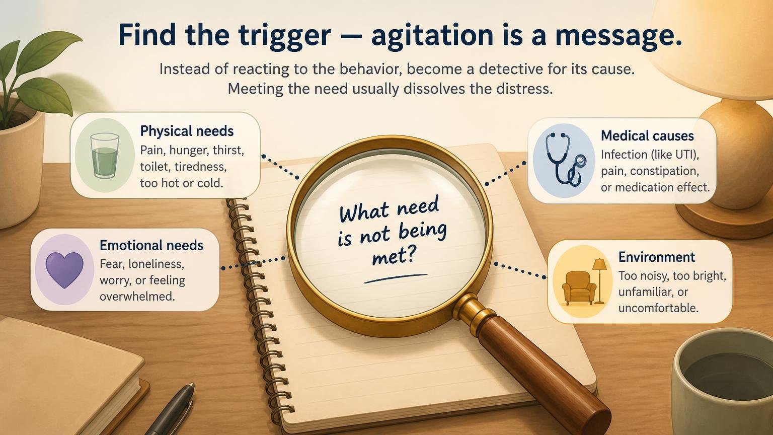 Illustration for How to Calm a Dementia Patient: Techniques That Work: Find the trigger — agitation is a message