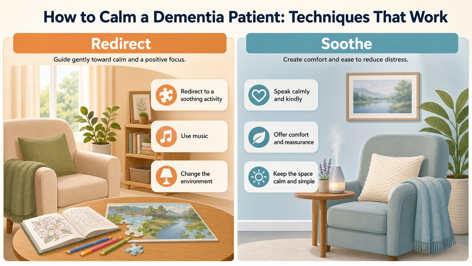 Illustration for How to Calm a Dementia Patient: Techniques That Work: Redirect and soothe