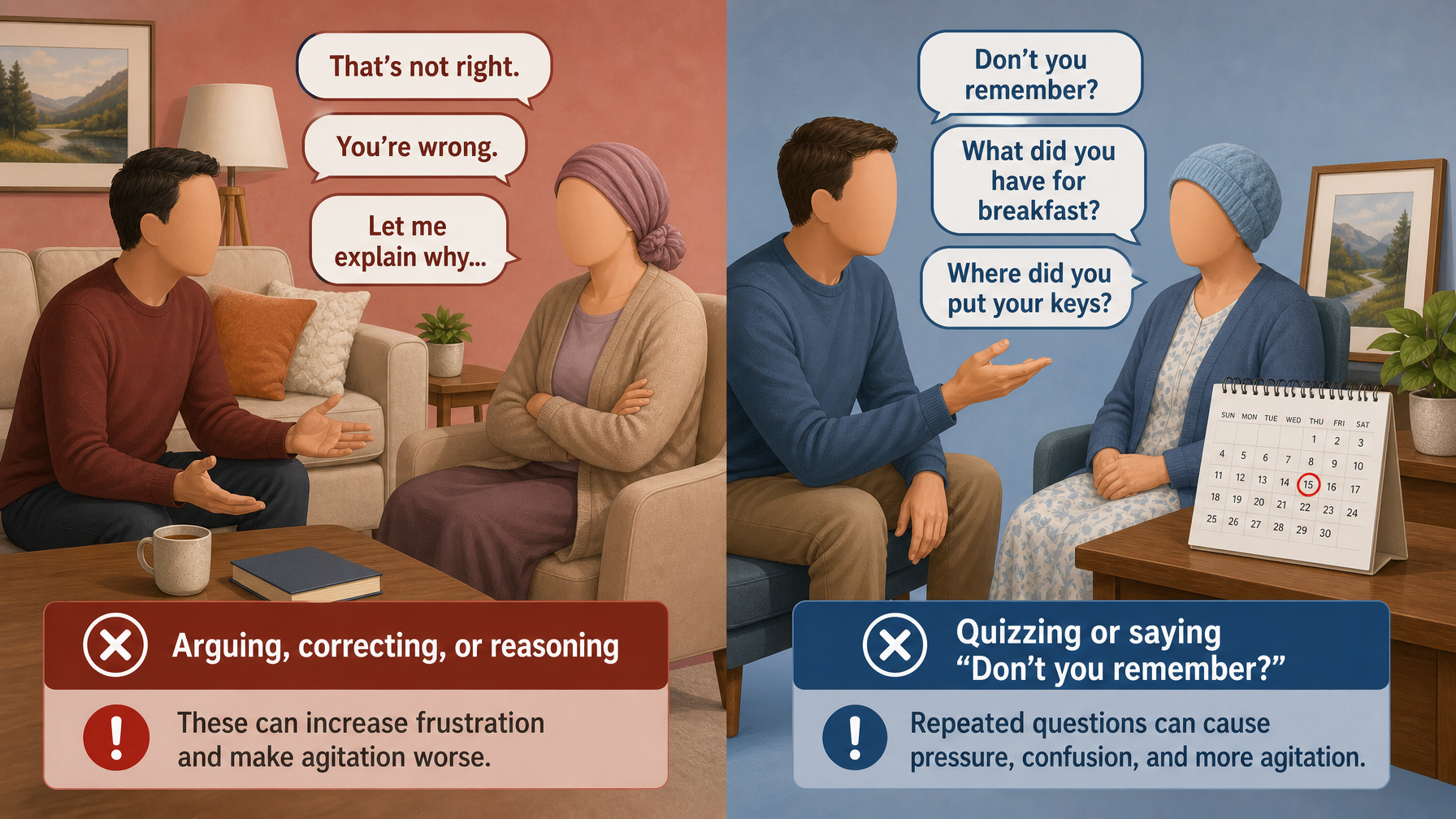Illustration for How to Calm a Dementia Patient: Techniques That Work: What to avoid