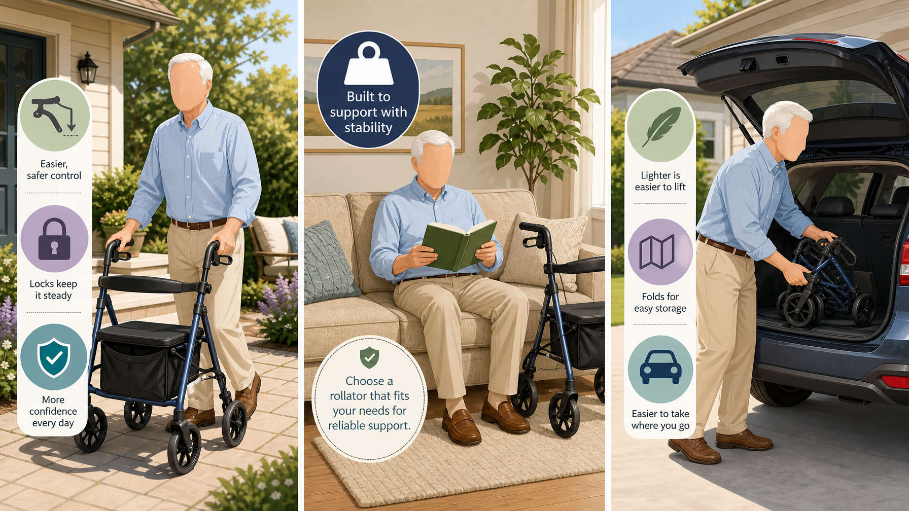 Illustration for How to Choose a Rollator: A Complete Buying Guide: Brakes, weight capacity, and portability