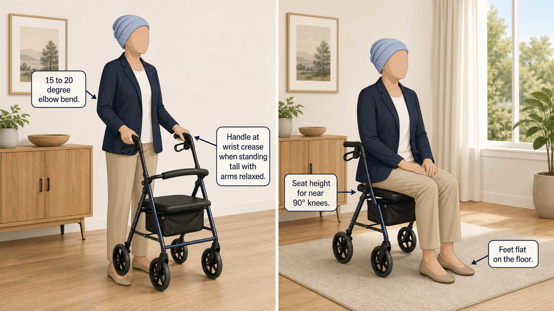 Illustration for How to Choose a Rollator: A Complete Buying Guide: Fit: handle height and seat height