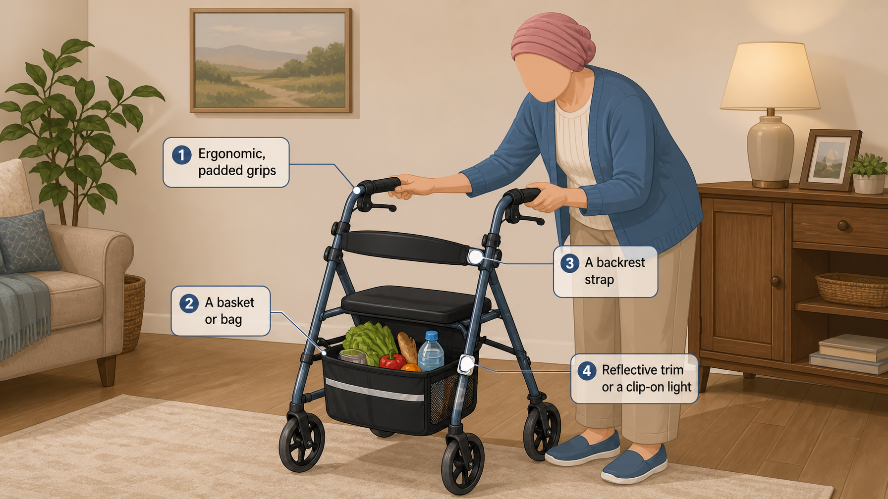 Illustration for How to Choose a Rollator: A Complete Buying Guide: Useful extras (and what to skip)