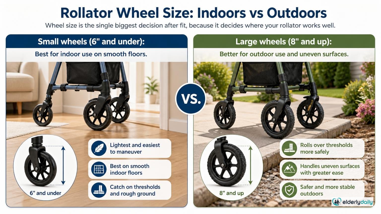 Illustration for How to Choose a Rollator: A Complete Buying Guide: Wheel size: indoors vs outdoors