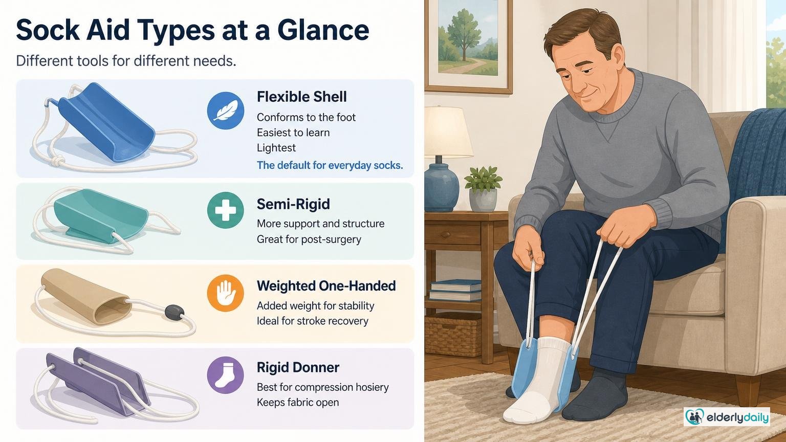 Illustration for How to Choose a Sock Aid for Seniors: Buying Guide: Sock aid types at a glance