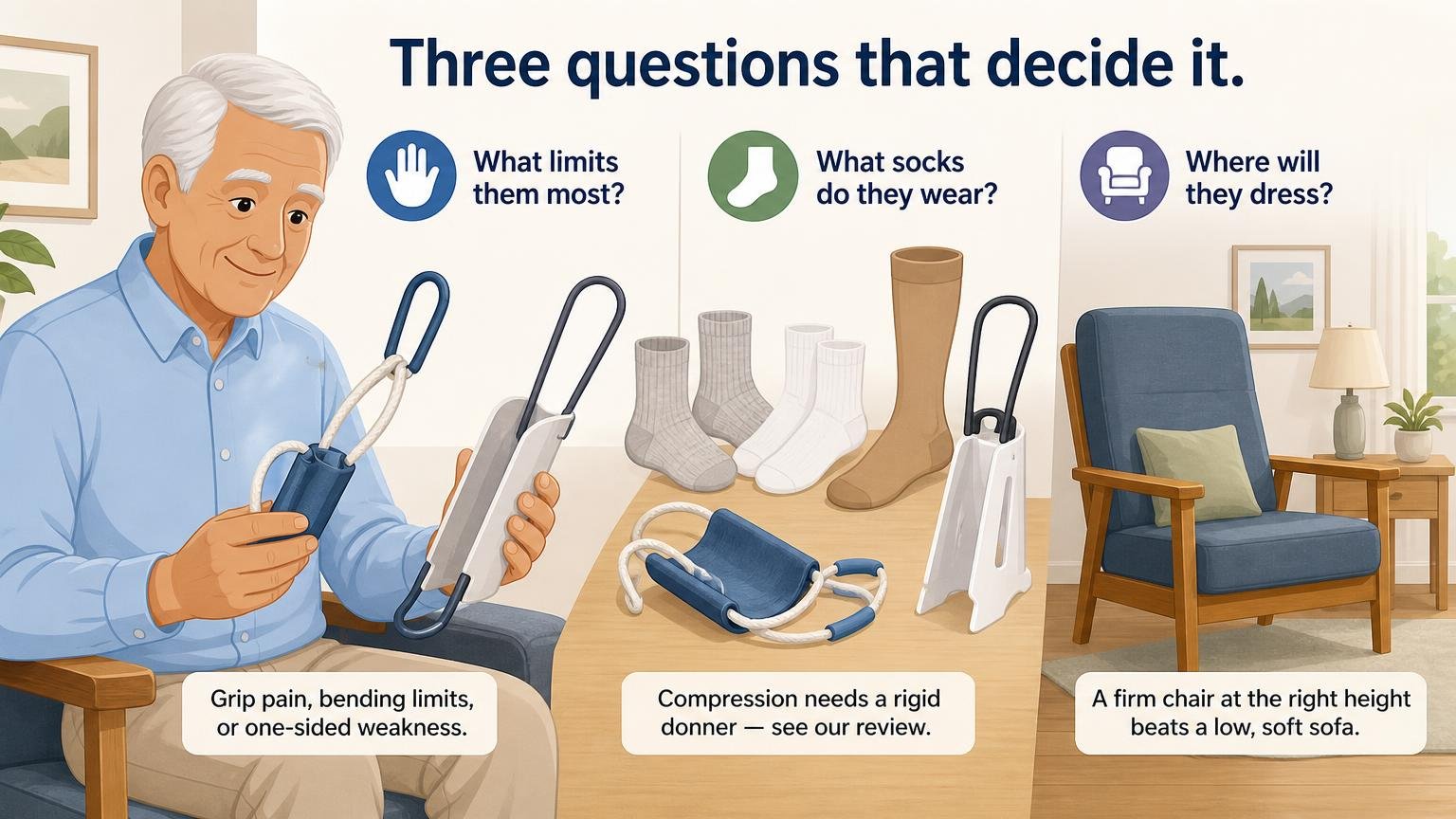 Illustration for How to Choose a Sock Aid for Seniors: Buying Guide: Three questions that decide it