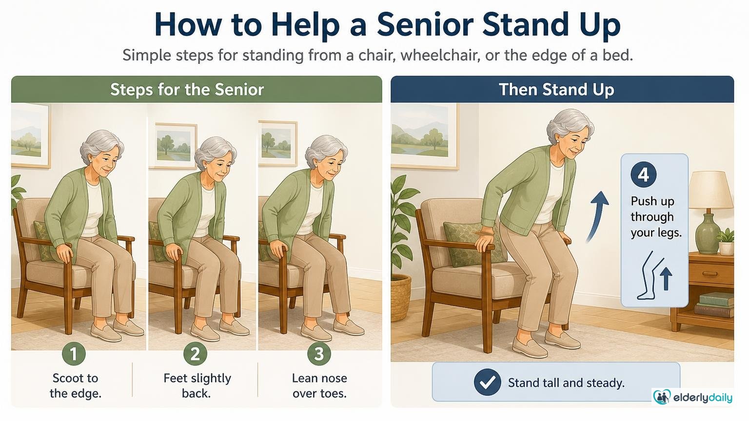 Illustration for How to Help an Elderly Person Stand Up Safely: Helping someone stand from a chair or bed