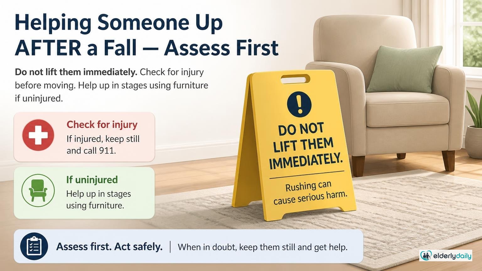 Illustration for How to Help an Elderly Person Stand Up Safely: Helping someone up AFTER a fall — assess first