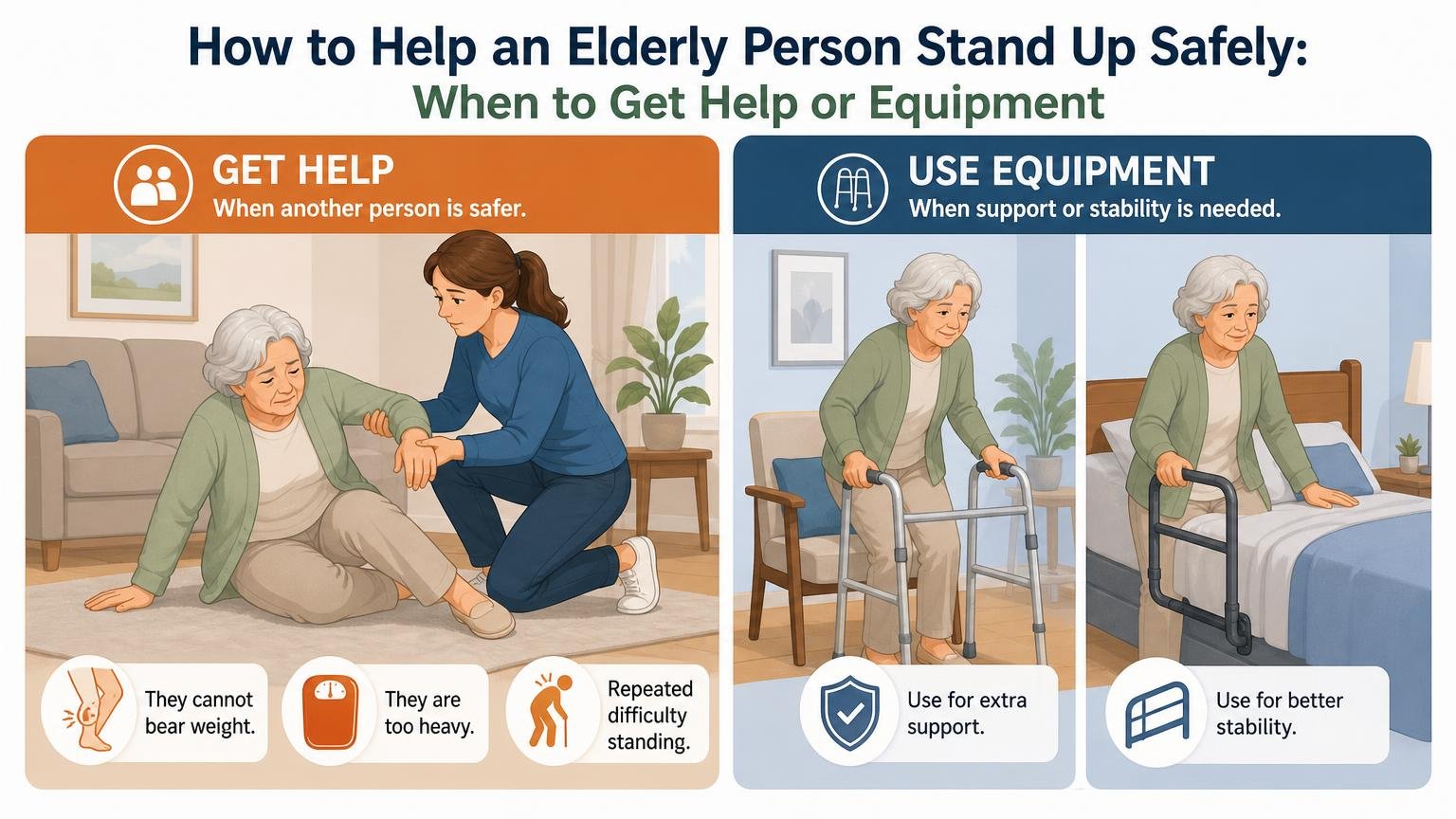 Illustration for How to Help an Elderly Person Stand Up Safely: When to get help or equipment