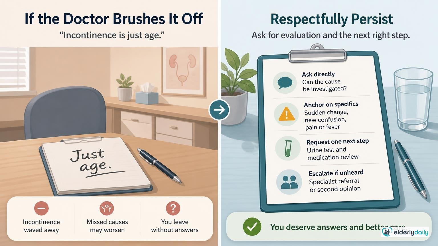 Illustration for How to Talk to a Doctor About Incontinence: If the doctor brushes it off