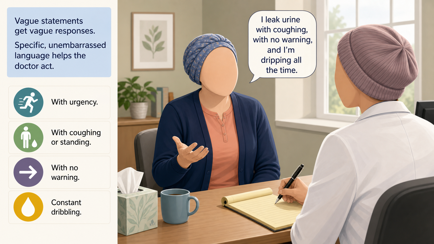 Illustration for How to Talk to a Doctor About Incontinence: The words to use in the room