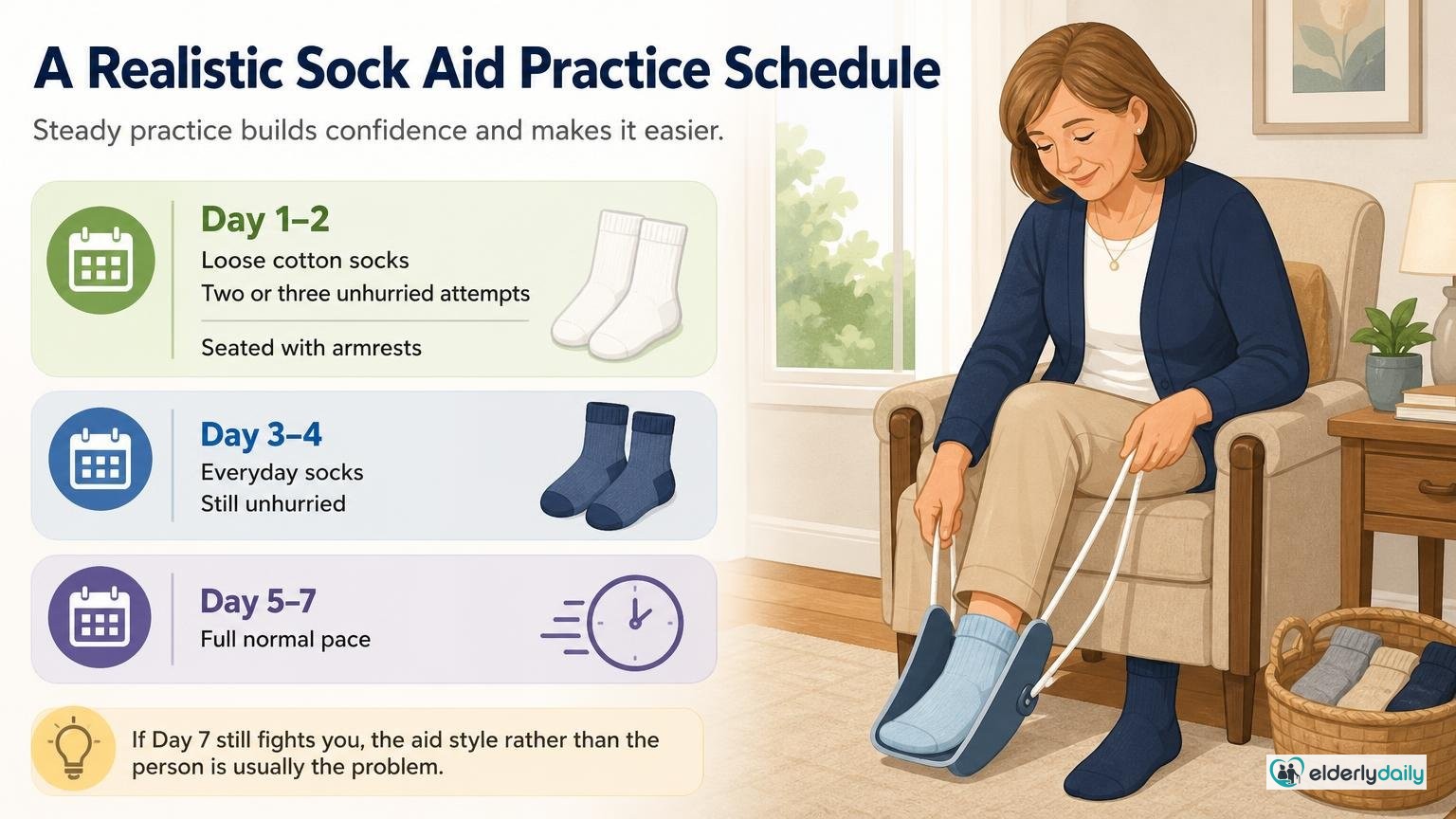 Illustration for How to Use a Sock Aid: Step-by-Step Guide for Seniors: A realistic practice schedule