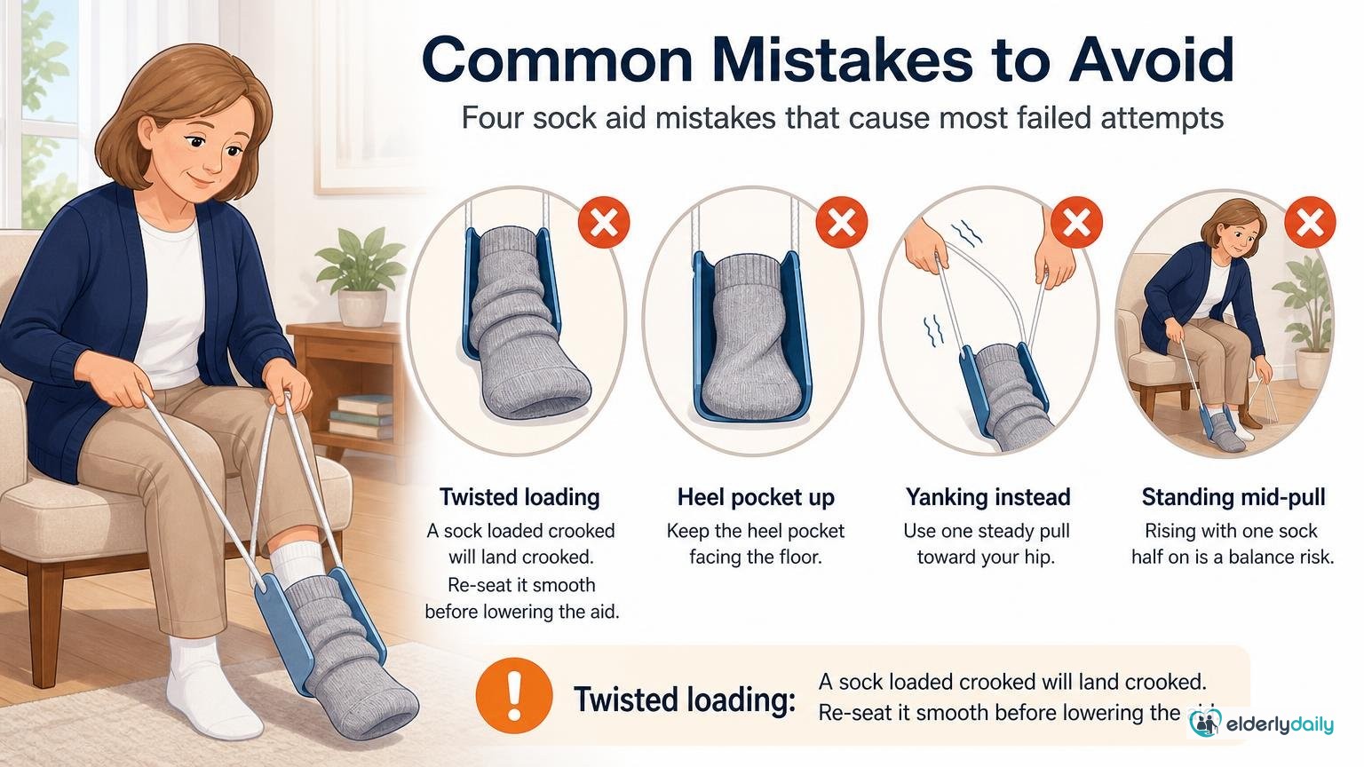 Illustration for How to Use a Sock Aid: Step-by-Step Guide for Seniors: Common mistakes to avoid