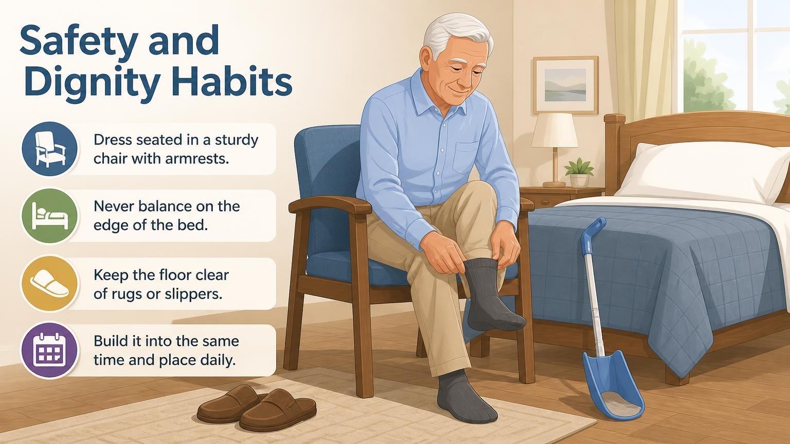 Illustration for How to Use a Sock Aid: Step-by-Step Guide for Seniors: Safety and dignity habits
