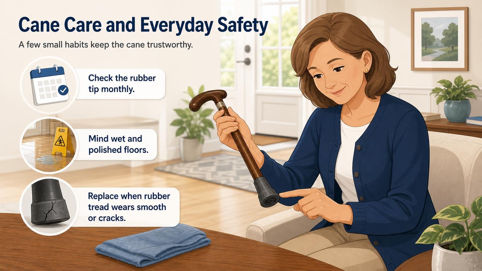 Illustration for How to Walk With a Cane: Fit, Technique, and Stairs: Cane care and everyday safety
