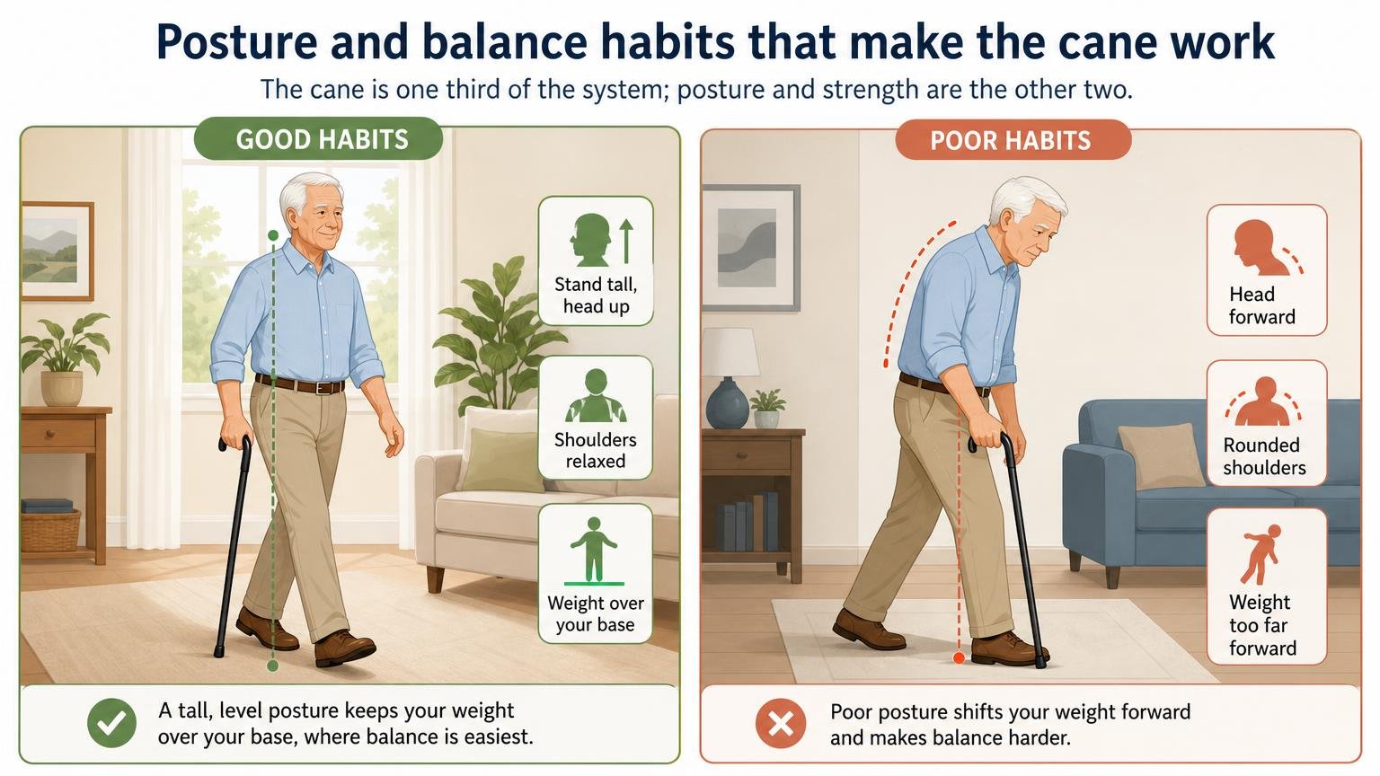Illustration for How to Walk With a Cane: Fit, Technique, and Stairs: Posture and balance habits that make the cane work