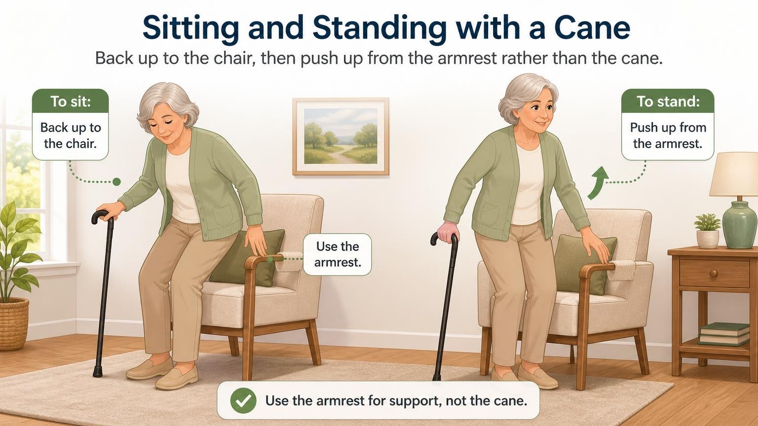 Illustration for How to Walk With a Cane: Fit, Technique, and Stairs: Sitting down and standing up with a cane