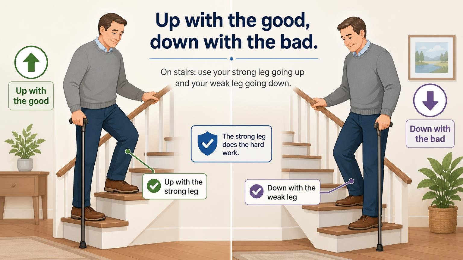 Illustration for How to Walk With a Cane: Fit, Technique, and Stairs: Stairs: up with the good, down with the bad