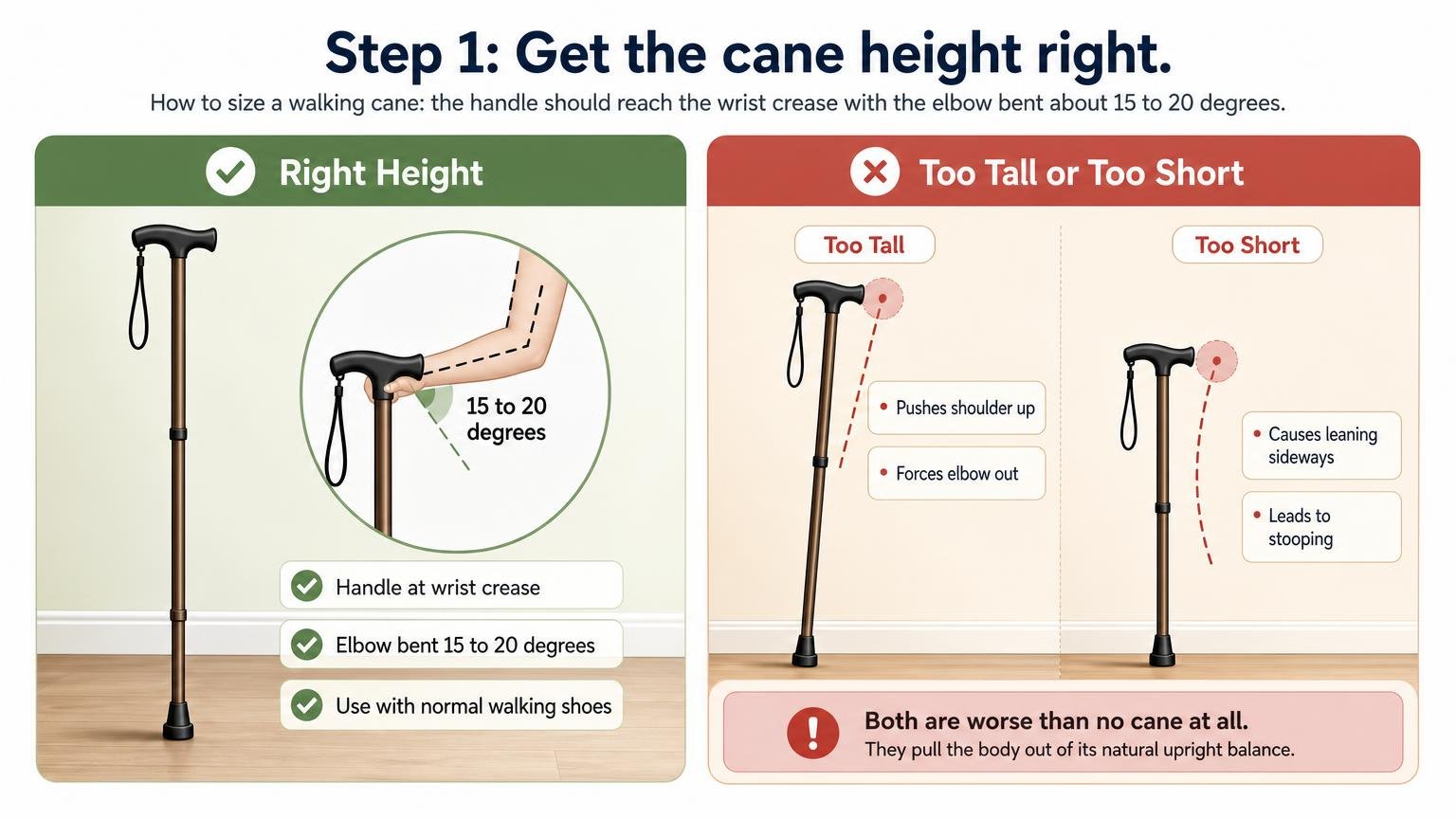 Illustration for How to Walk With a Cane: Fit, Technique, and Stairs: Step 1: Get the cane height right