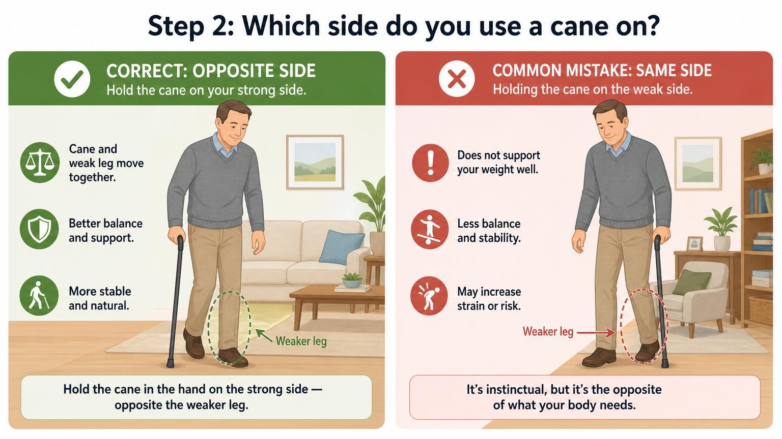 Illustration for How to Walk With a Cane: Fit, Technique, and Stairs: Step 2: Which side do you use a cane on?