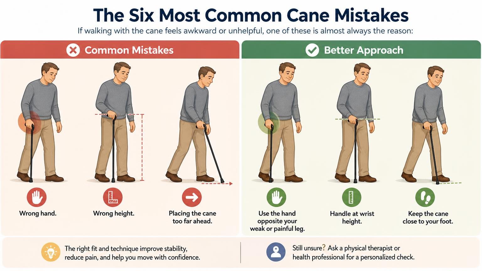 Illustration for How to Walk With a Cane: Fit, Technique, and Stairs: The six most common cane mistakes