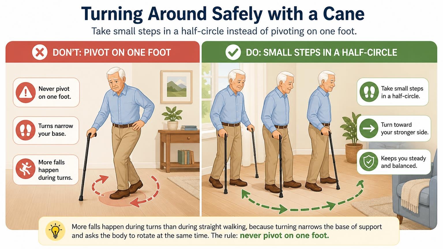 Illustration for How to Walk With a Cane: Fit, Technique, and Stairs: Turning around safely