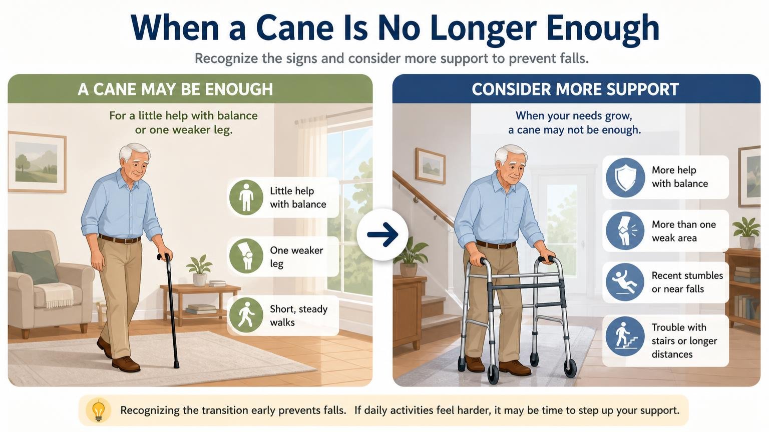 Illustration for How to Walk With a Cane: Fit, Technique, and Stairs: When a cane is no longer enough