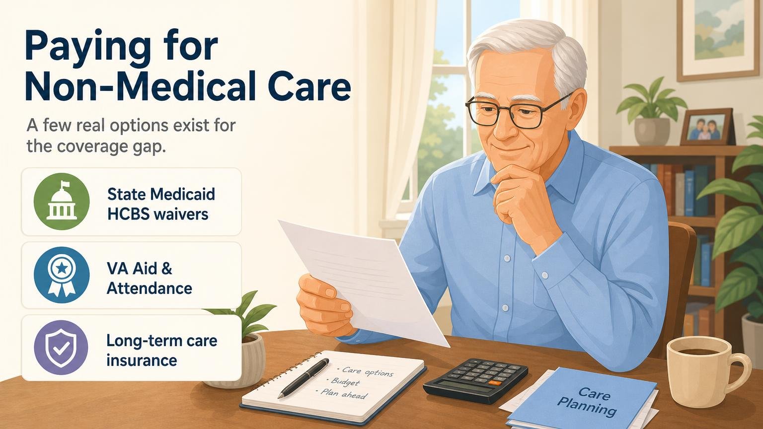 Illustration for In-Home Care for Seniors: What It Covers, Costs, and Medicare Pays For: Paying for non-medical care