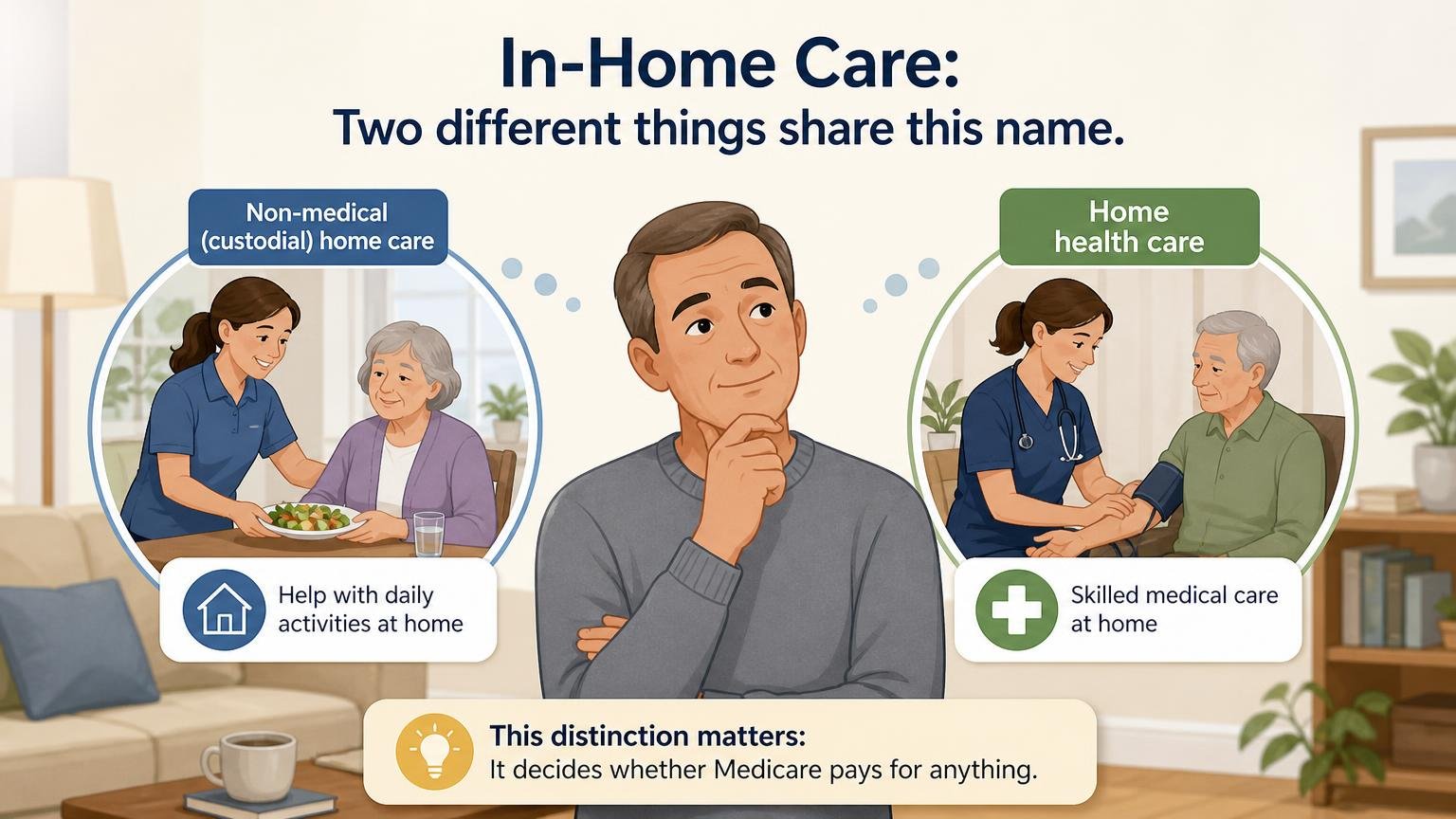 Illustration for In-Home Care for Seniors: What It Covers, Costs, and Medicare Pays For: Two different things share this name