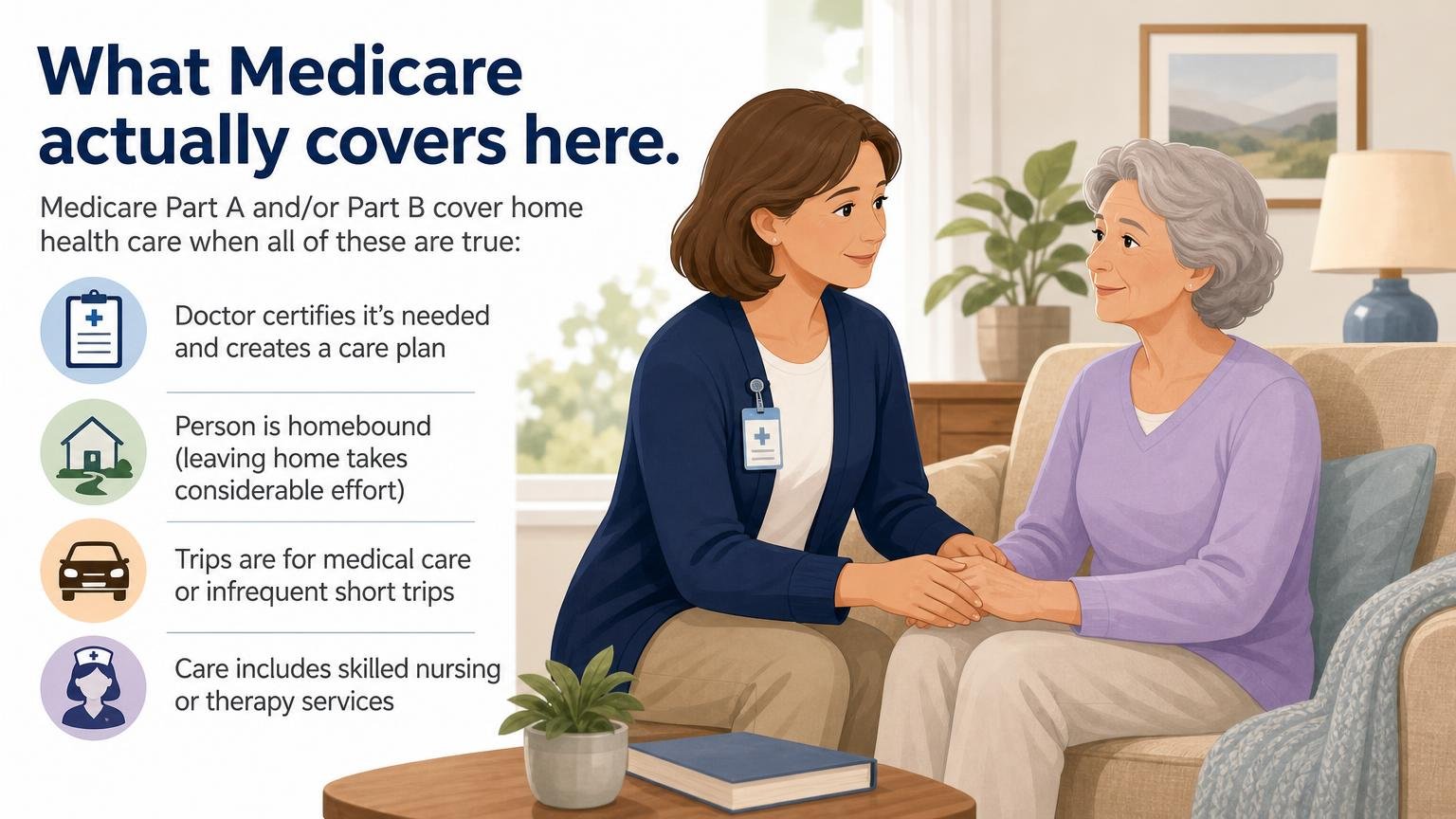Illustration for In-Home Care for Seniors: What It Covers, Costs, and Medicare Pays For: What Medicare actually covers here