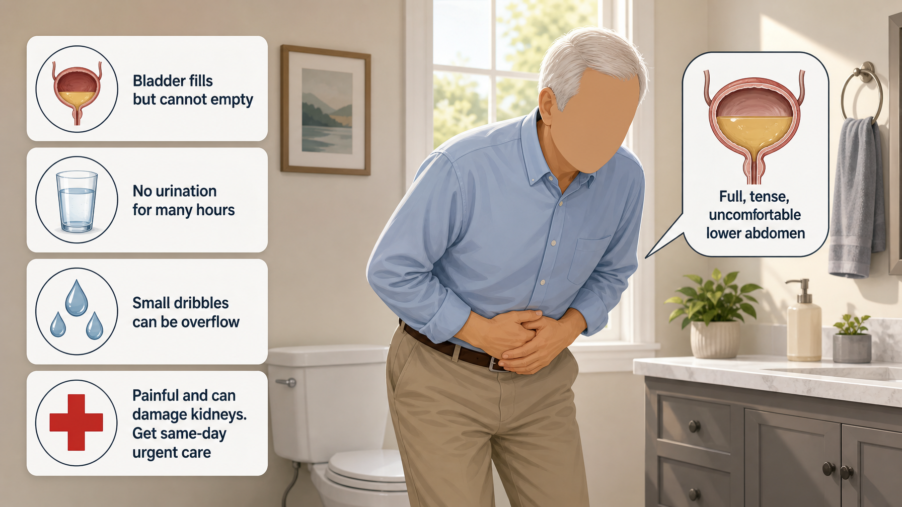 Illustration for Incontinence Warning Signs: When It Is an Emergency: Emergency: cannot urinate (urinary retention)