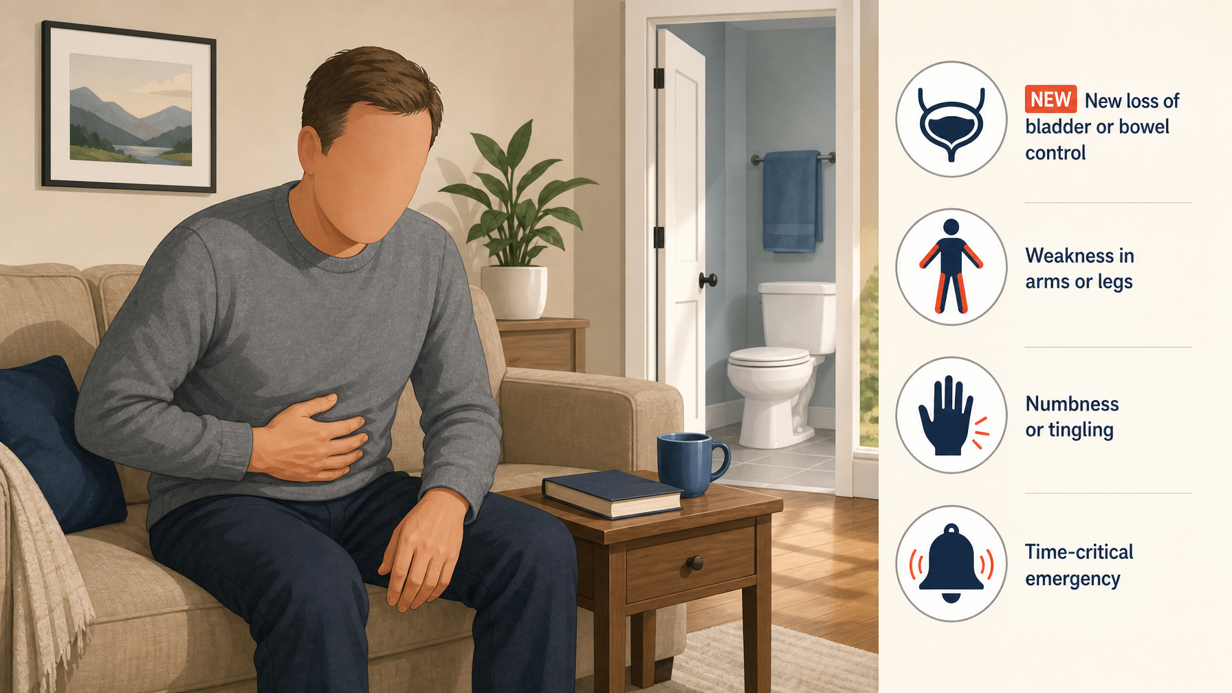 Illustration for Incontinence Warning Signs: When It Is an Emergency: Emergency: new incontinence with weakness or numbness