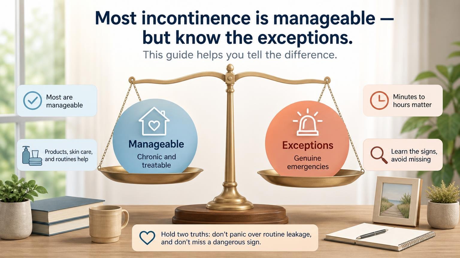 Illustration for Incontinence Warning Signs: When It Is an Emergency: Most incontinence is manageable — but know the exceptions