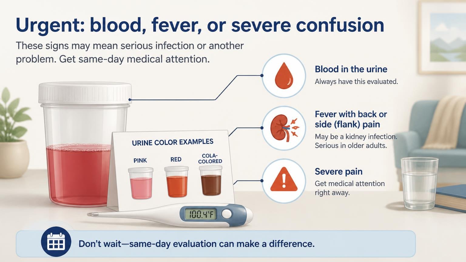 Illustration for Incontinence Warning Signs: When It Is an Emergency: Urgent: blood, fever, or severe confusion