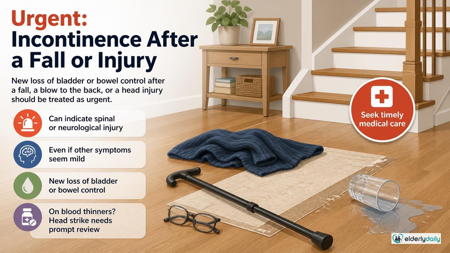 Illustration for Incontinence Warning Signs: When It Is an Emergency: Urgent: incontinence after a fall or injury