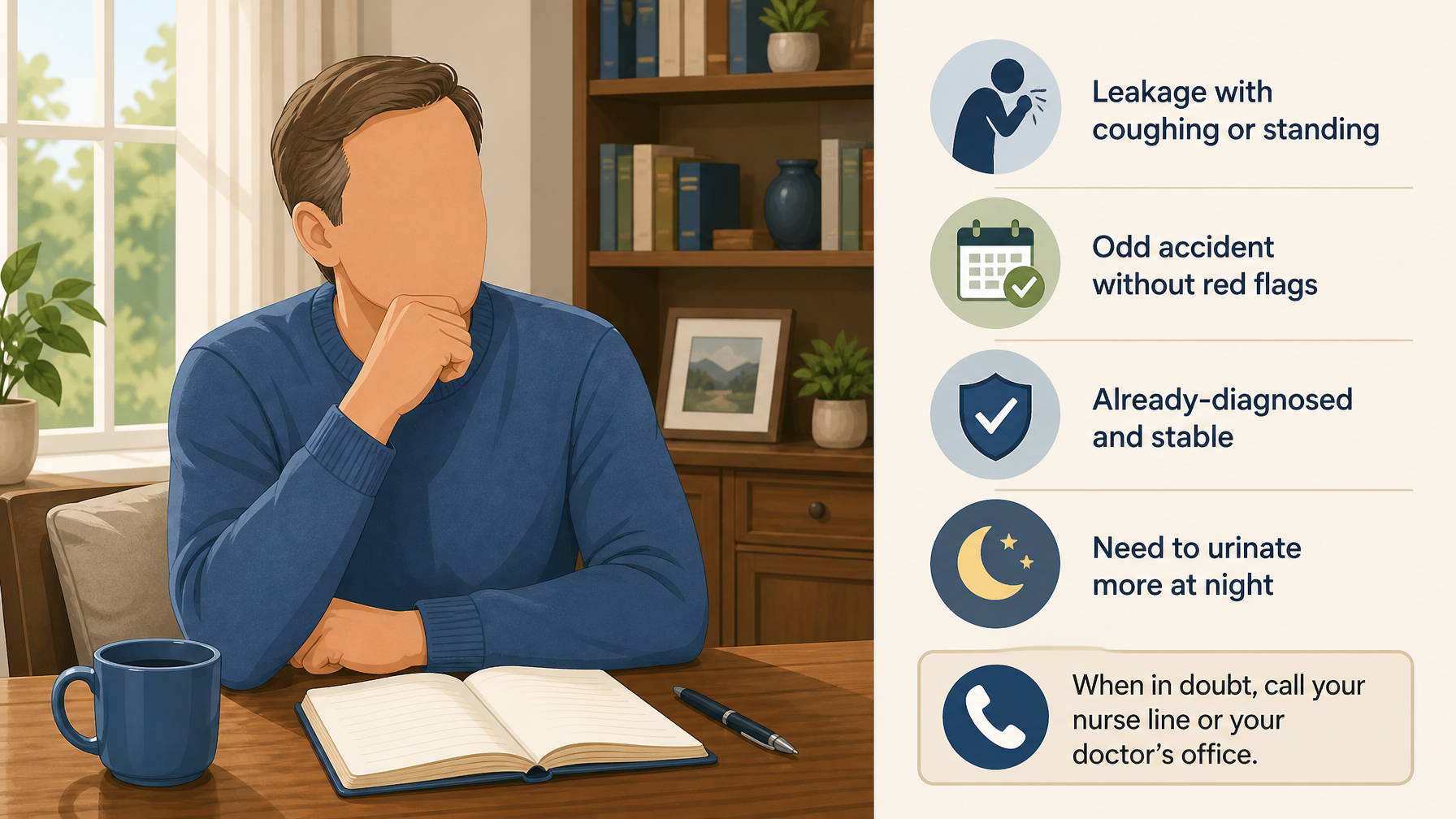 Illustration for Incontinence Warning Signs: When It Is an Emergency: What is NOT an emergency (but still see a doctor)