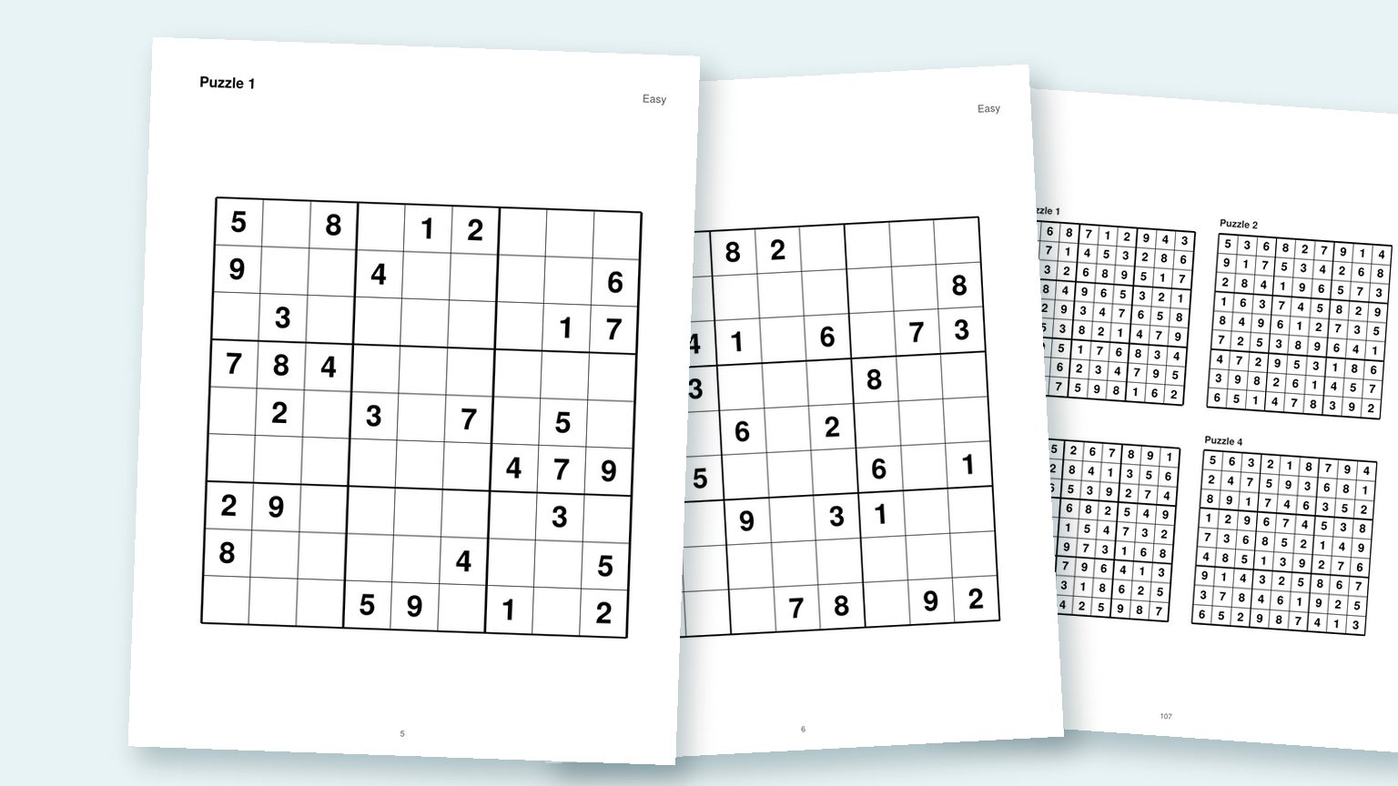 Pages from Large Print Sudoku: two easy puzzles in extra-large print and an answer page