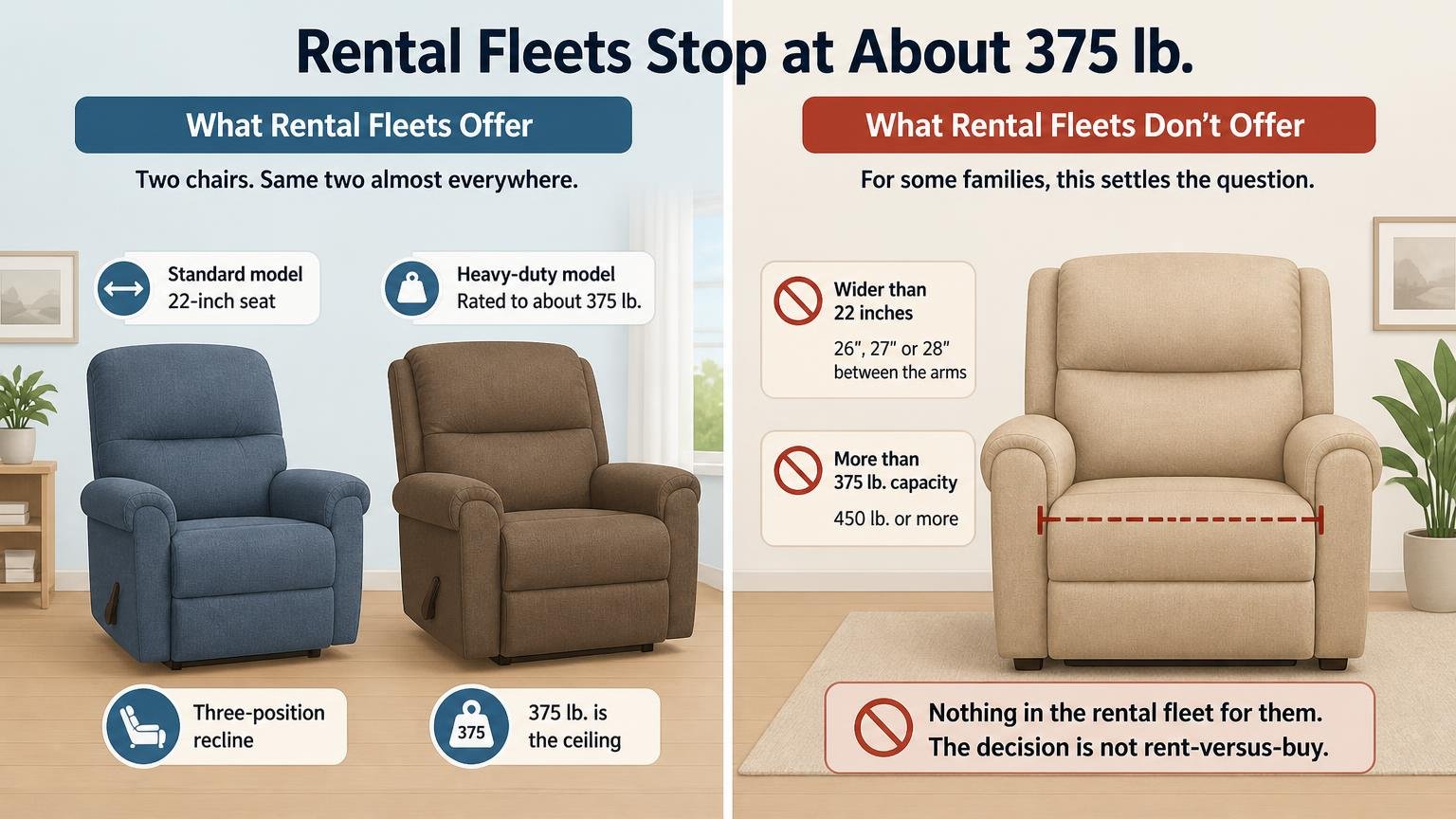 Illustration for Rent a Lift Chair or Buy One? Where the Break-Even Sits: Rental fleets stop at about 375 lb