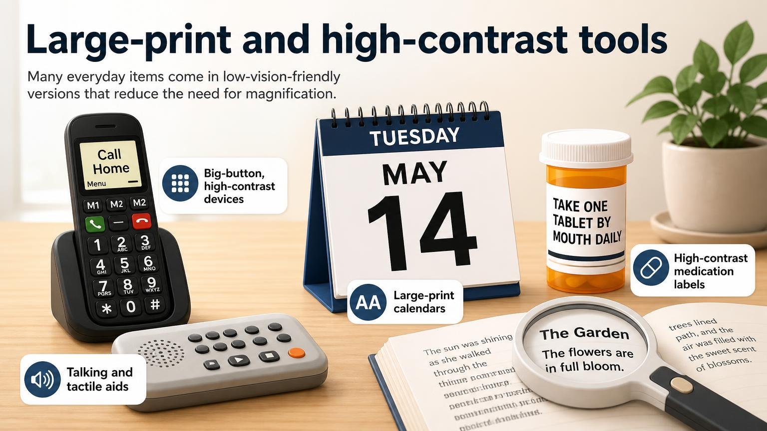 Illustration for Low Vision Aids for Seniors: A Complete Guide: Large-print and high-contrast tools
