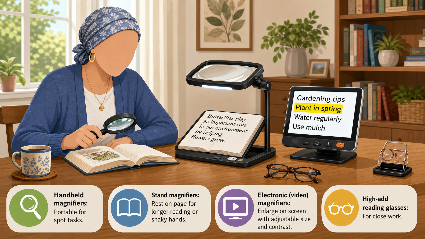 Illustration for Low Vision Aids for Seniors: A Complete Guide: Magnification: from simple to electronic