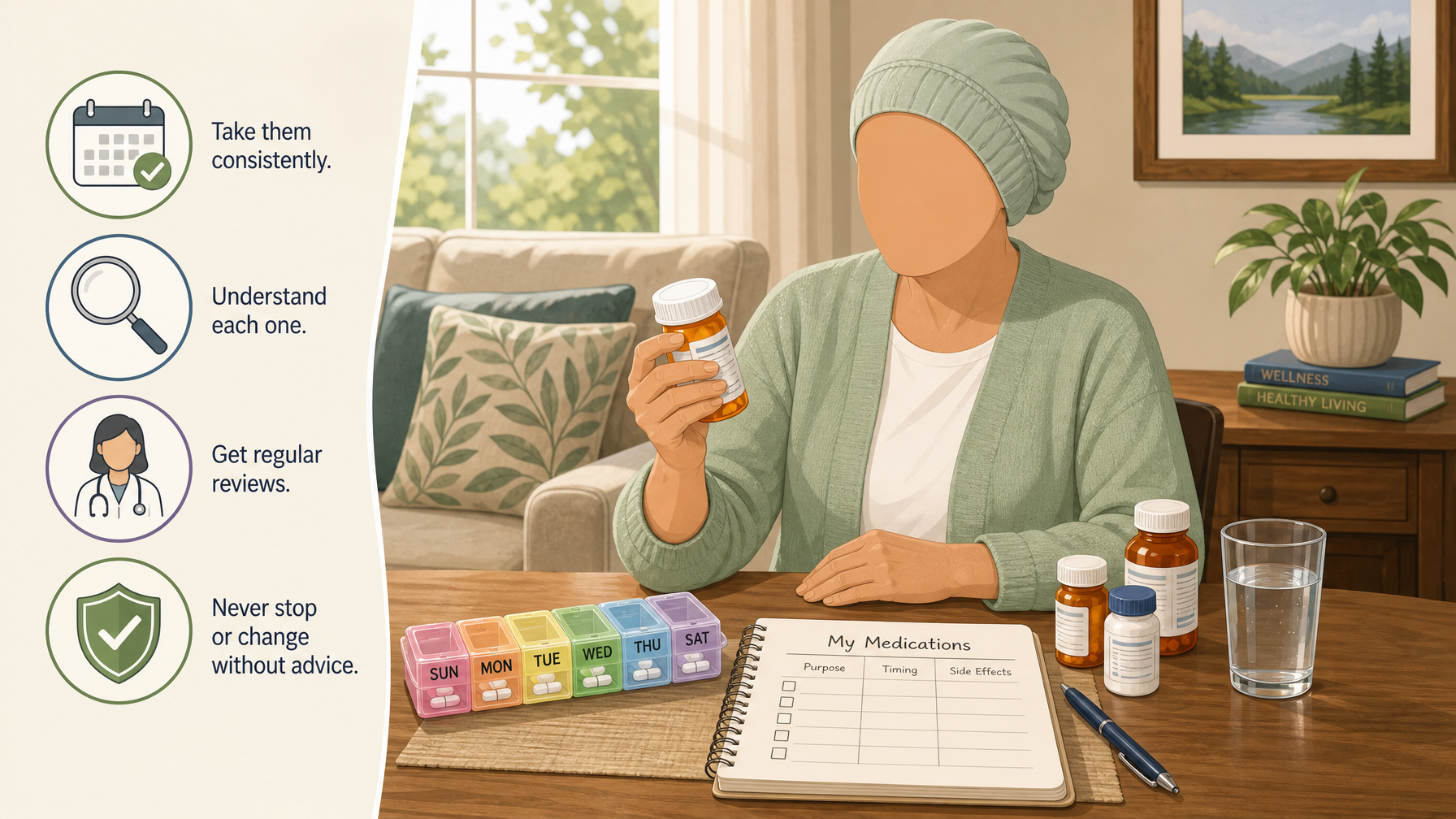 Illustration for Managing Chronic Conditions at Home: A Caregiver Guide: Pillar 1: Reliable medications