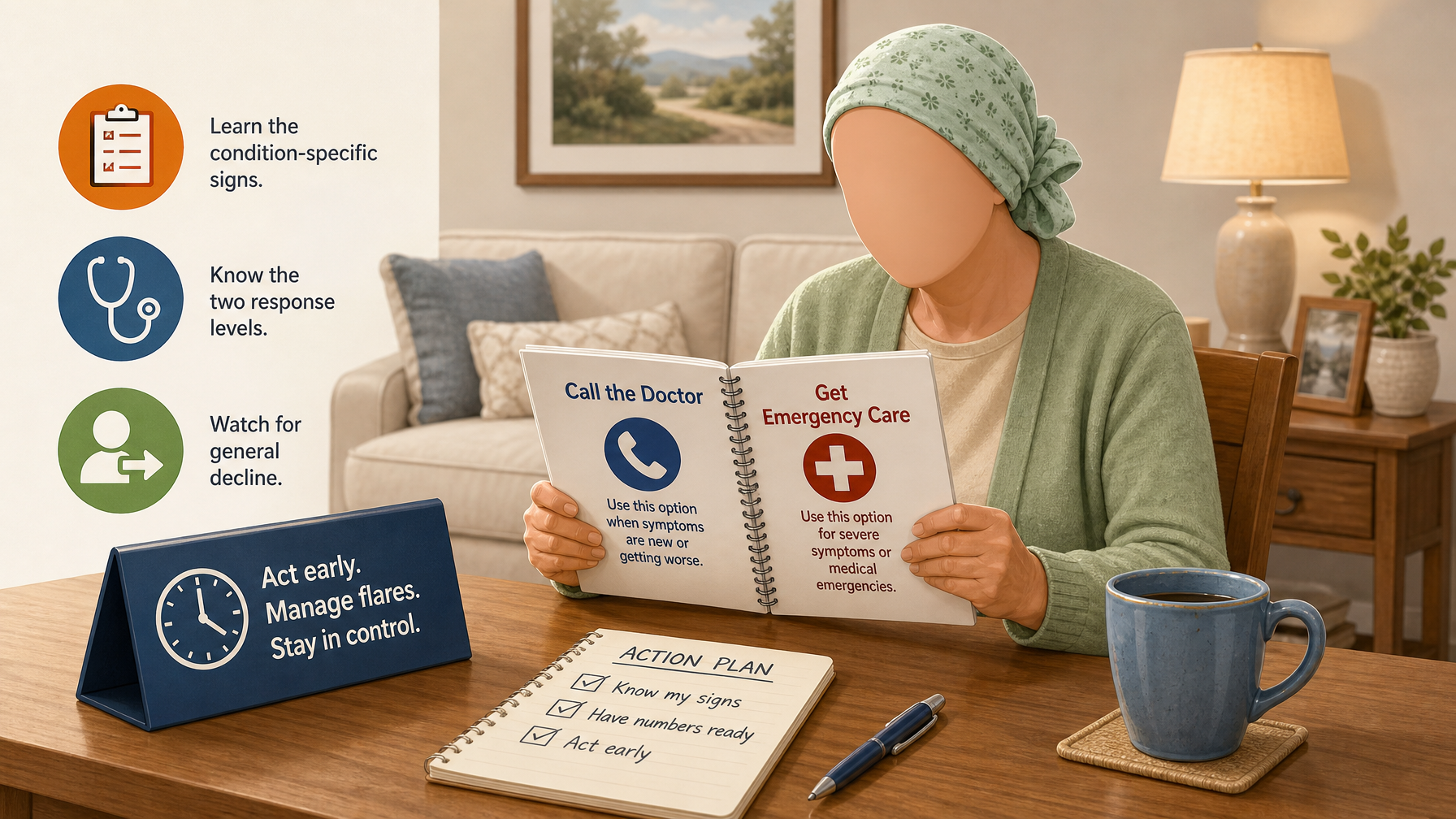 Illustration for Managing Chronic Conditions at Home: A Caregiver Guide: Pillar 4: Recognize warning signs