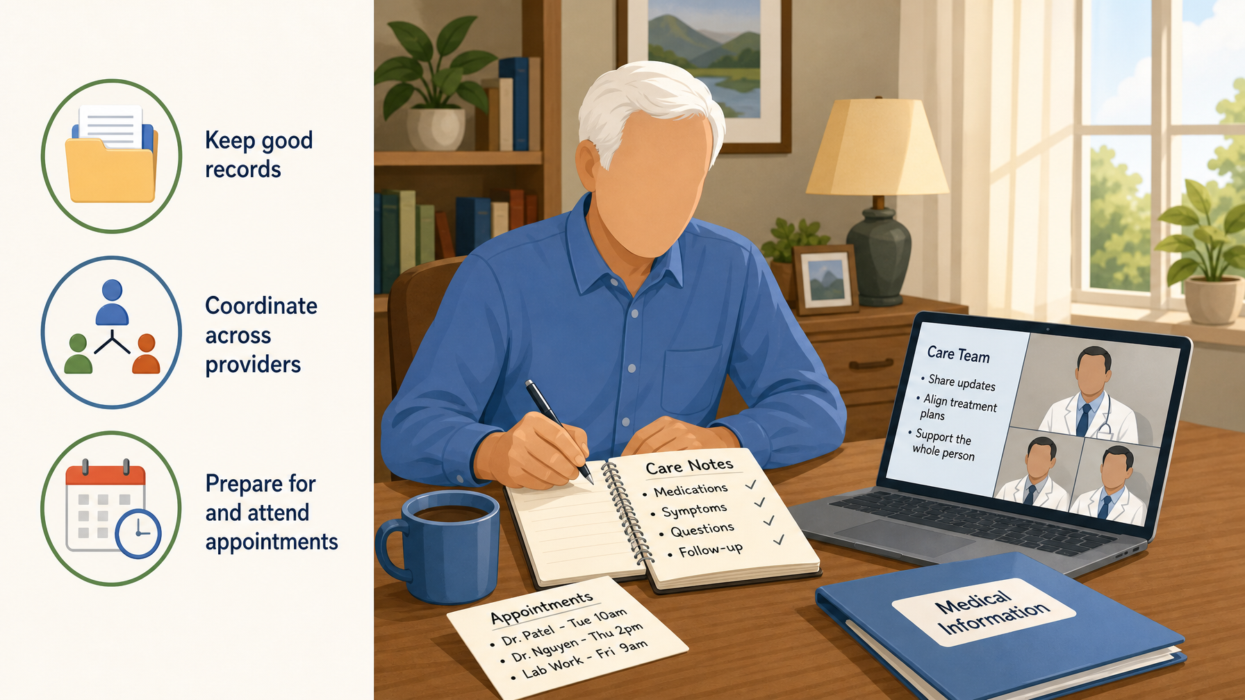 Illustration for Managing Chronic Conditions at Home: A Caregiver Guide: Pillar 5: Coordinate care and support the person