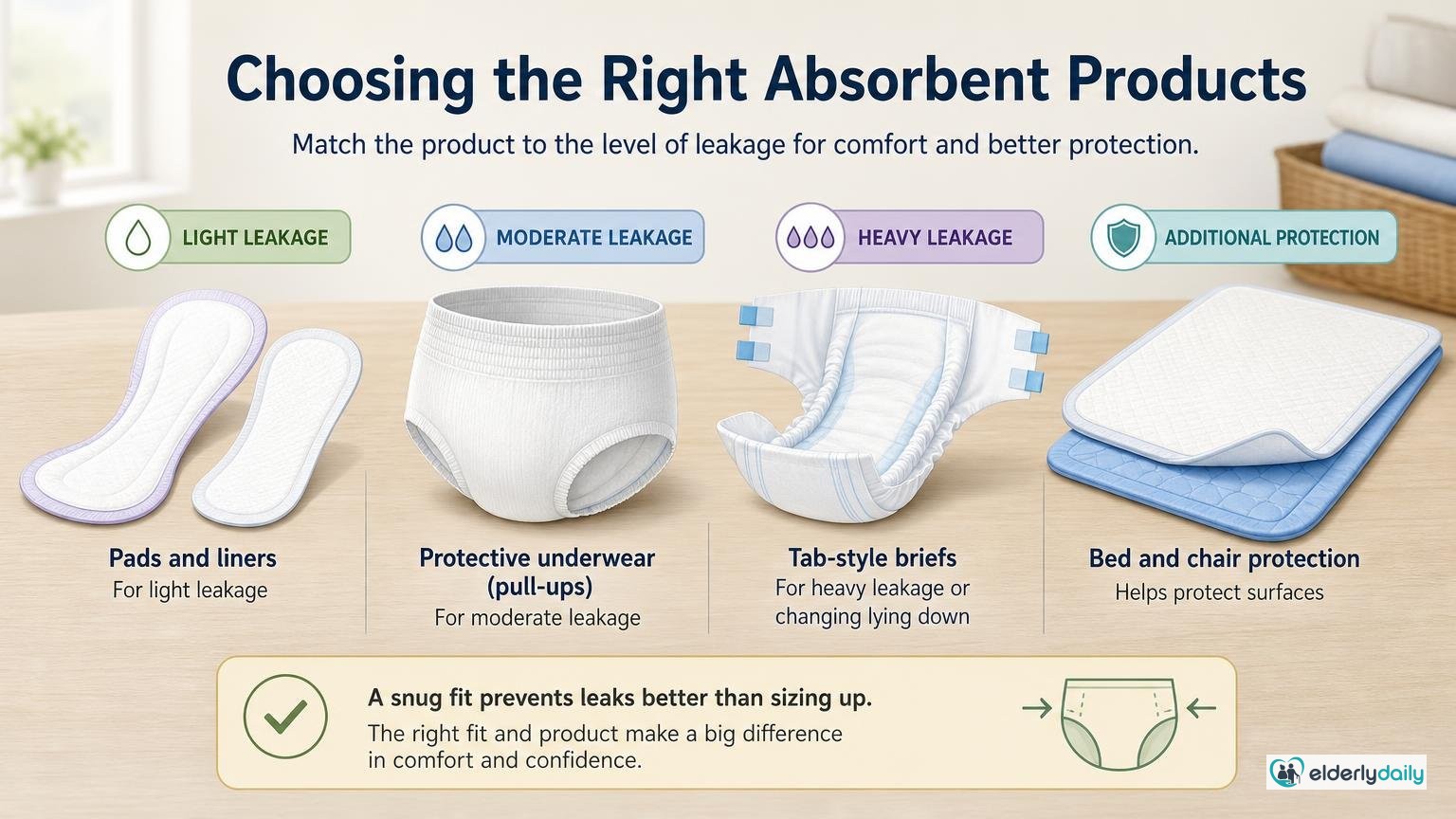 Illustration for Managing Incontinence at Home: A Practical Caregiver Guide: Choosing the right absorbent products